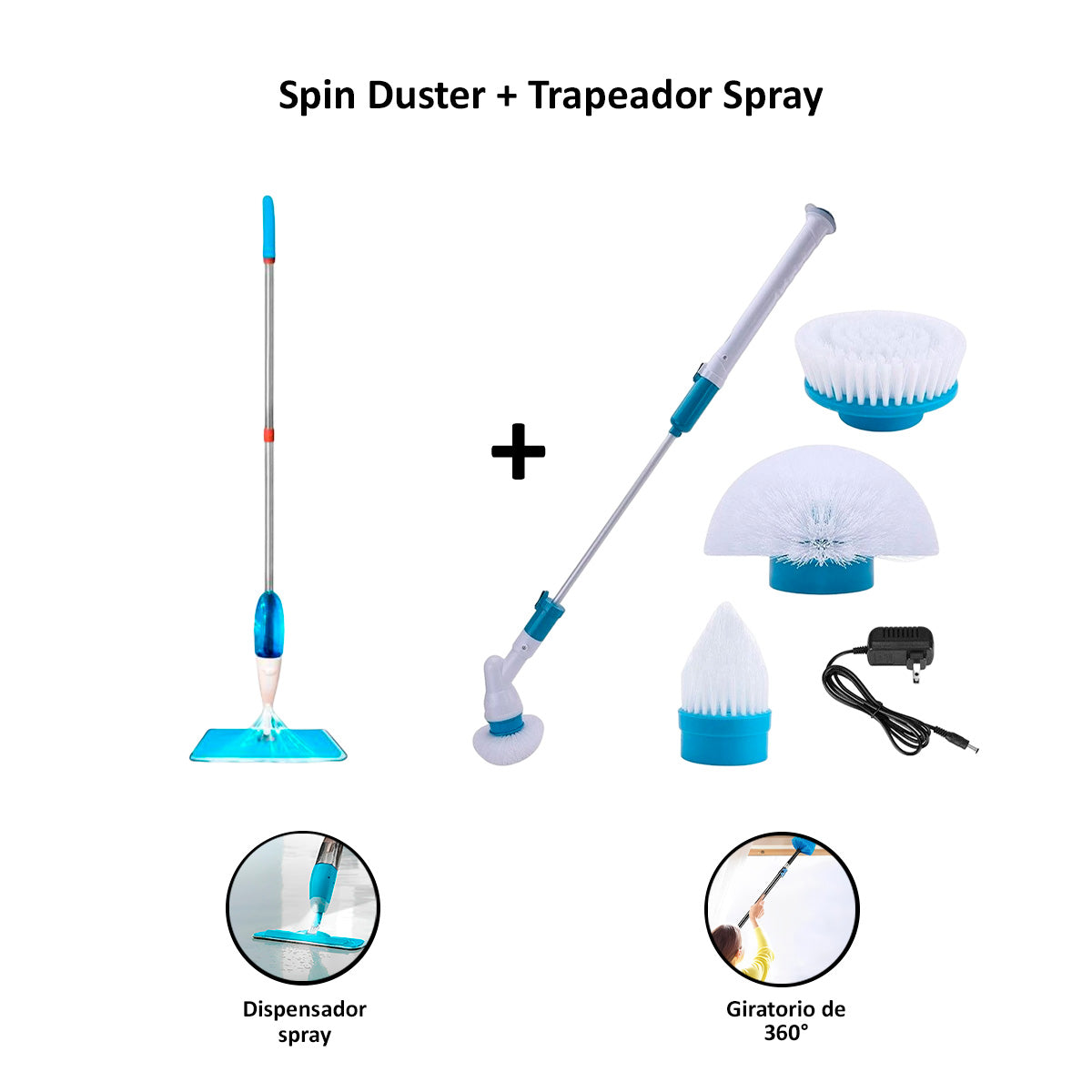 Cepillo Eléctrico de Limpieza Multiusos + Trapeador Spray con Dispensador Líquido