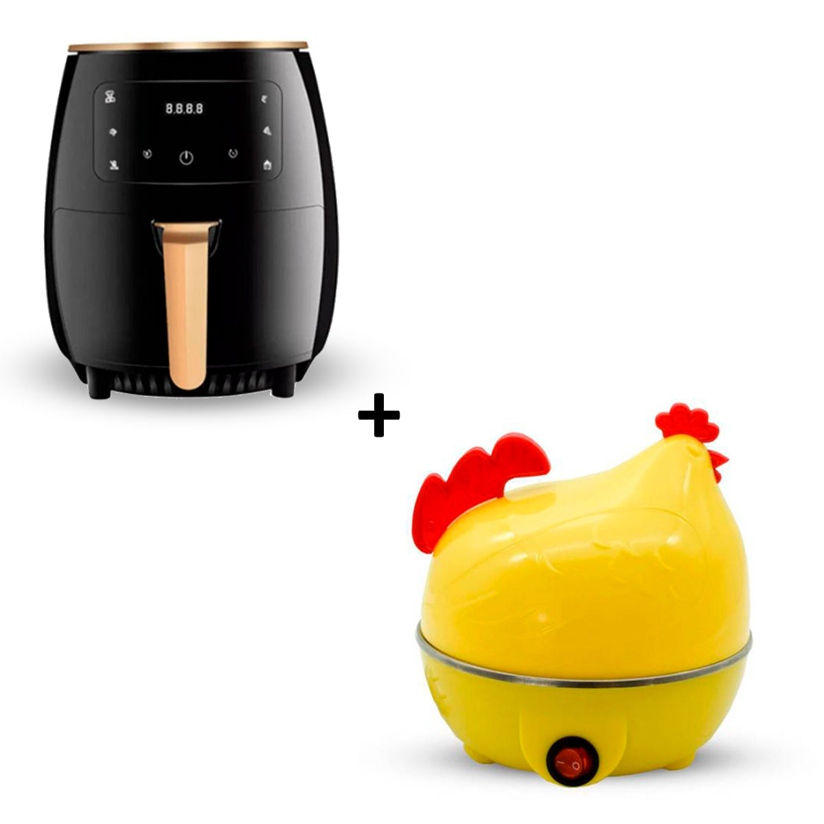 Freidora de Aire de 6lt Digital Negra Air Fryer + Hervidor de Huevos Eléctrico Egg Poacher Amarillo