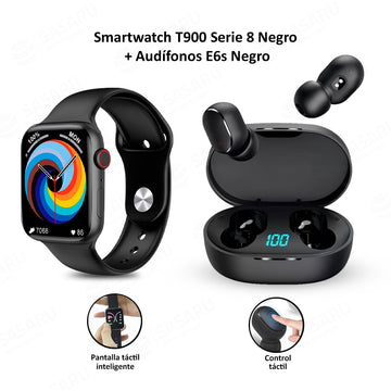 Smart Watch T900 Serie 8 + Audífonos E6s Negros