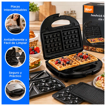 Sandwichera Multifuncional 6 en 1 con Placas Intercambiables 850W