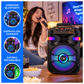 Parlante Portátil Karaoke Bluetooth de 10 pulg con Micrófono Luces LED y Control Remoto