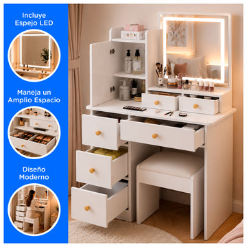 Tocador de maquillaje con Espejo Led y Asiento Cómodo
