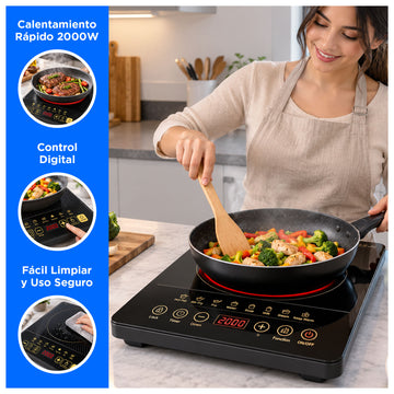 Cocina Eléctrica Portátil 1 Hornilla 2000W con Pantalla LED