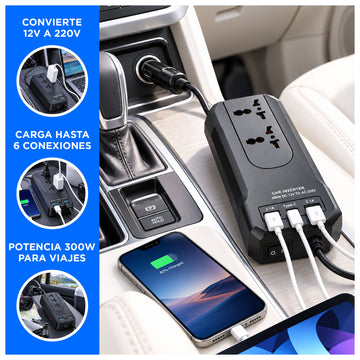 Inversor de Corriente para Auto 300W 12V a 220V con USB y Tipo C
