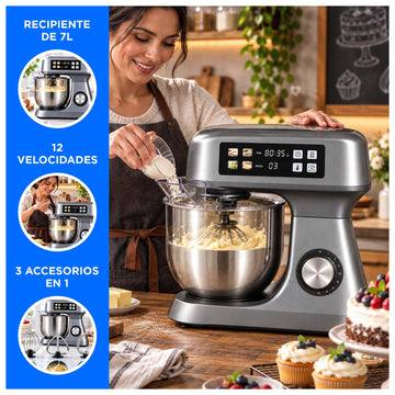 Batidora Planetaria Digital de Pedestal 7L 2000W 12 Velocidades 3 en 1