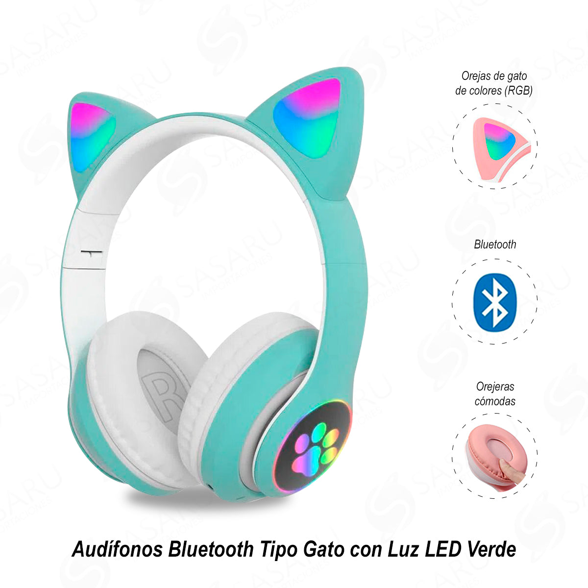 Audífonos Bluetooth Tipo Gato Con Luz Led