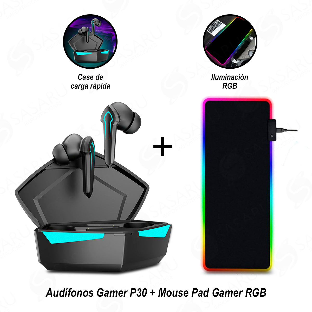 Audífonos Gamer Inalámbricos P30 LED + Mouse Pad Gamer Iluminación RGB