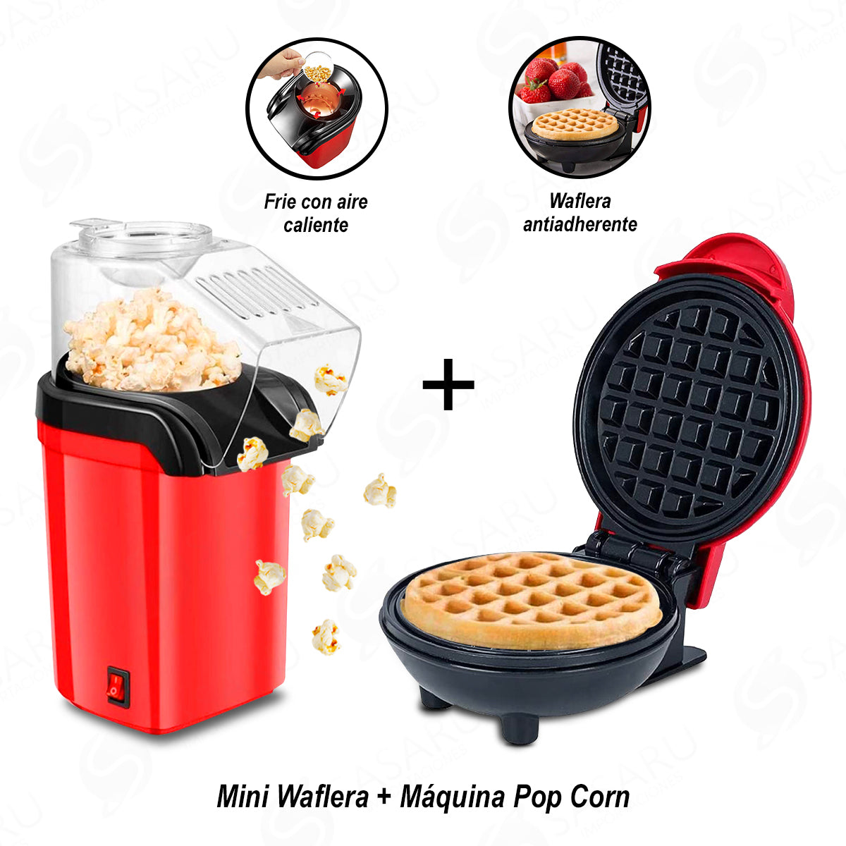 Mini Waflera Antiadherente + Máquina Pop Corn