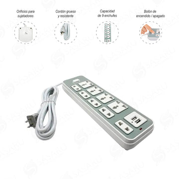 Extensión Eléctrica con 9 Enchufes Universales y 2 Puertos USB