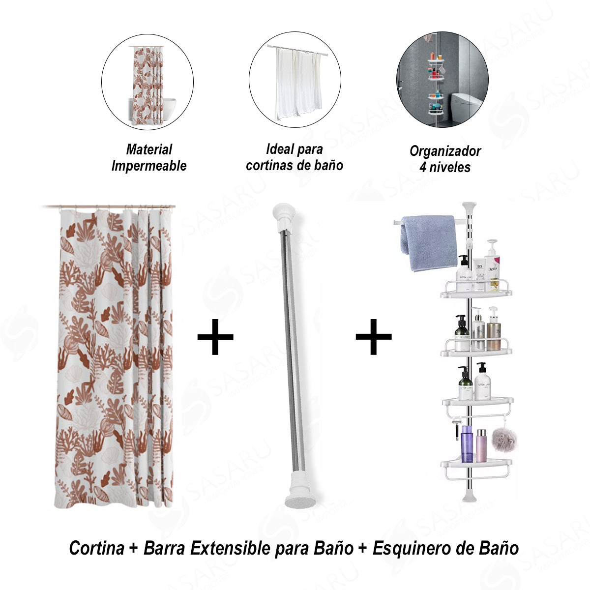 Barra Extensible para Baño + Esquinero de Baño + Cortina