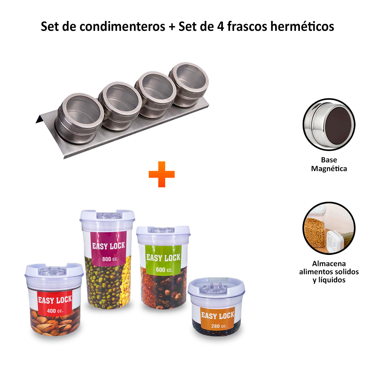 Set De Condimenteros Herméticos + Set De 4 Frascos Herméticos Tapers De Cocina
