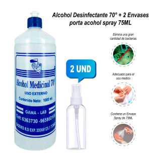 Alcohol Desinfectante 70° + Envase Porta Alcohol Spray 75 ml