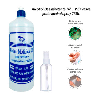 Alcohol Desinfectante 70° + Envase Porta Alcohol Spray 75 ml
